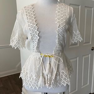 Free People White Open Knit Tie Front Woven Cardigan, XS, NWT Orig. $98.00